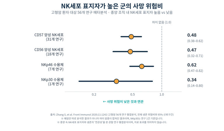 NK세포 표지자 수준에 따른 고형암 환자의 사망 위험비를 보여주는 메타분석 그래프